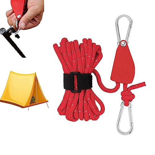 Donubiiu Windfestes Seil zur Einstellung der Riemenscheibe, Portable Pulley Camping Rope, Verstellbares Fix-Zelt, hochfestes, schnell lösendes Riemenscheiben-Campingseil für Zeltplane (Red,6mm*5M) von Donubiiu