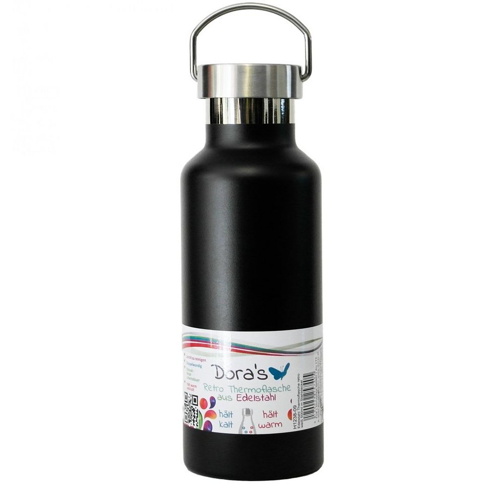 Dora's Trinkflasche Edelstahl Thermoflasche schwarz 500ml mit Stahldeckel Retro, 500 ml von Dora's