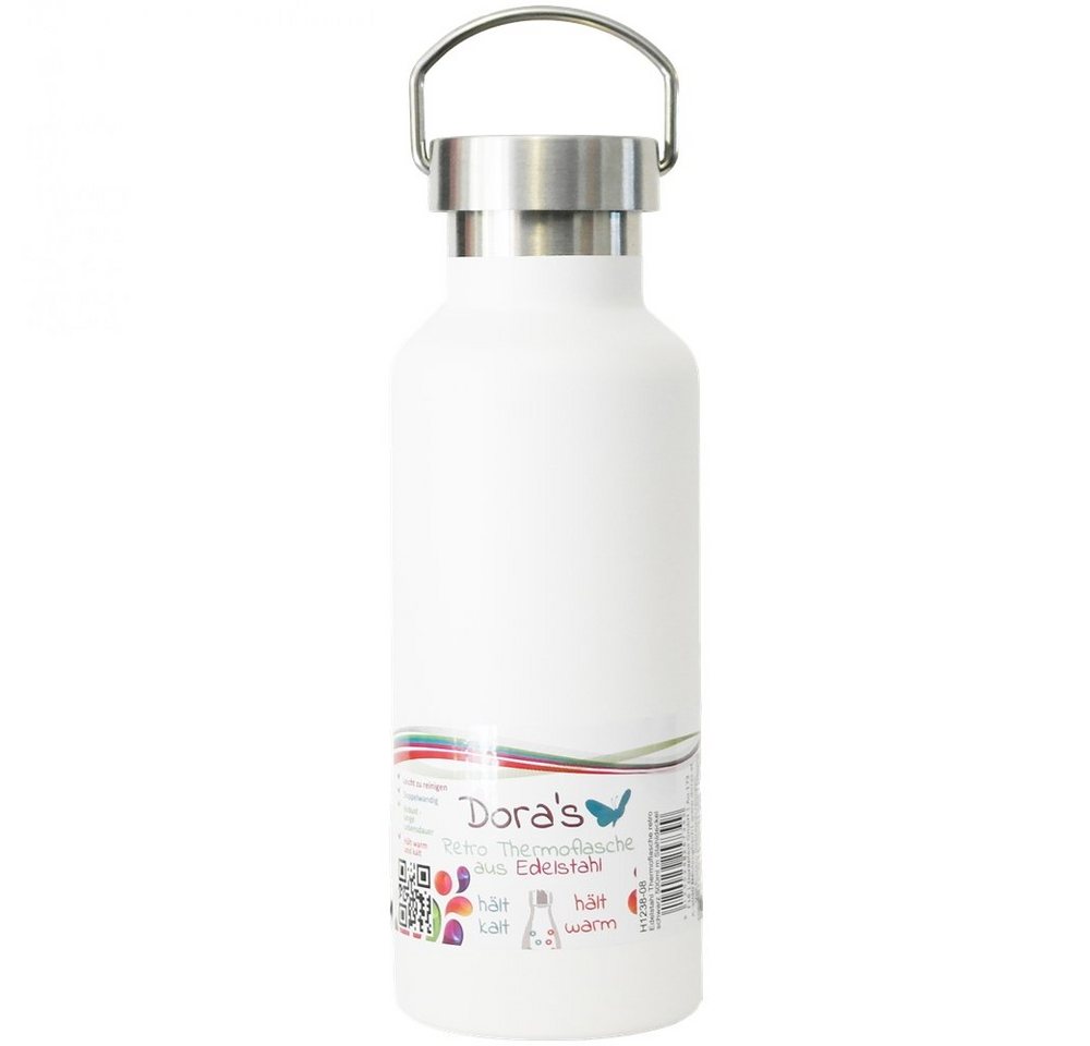 Dora's Trinkflasche Edelstahl Thermoflasche weiss 500ml mit Stahldeckel Retro, 500 ml von Dora's