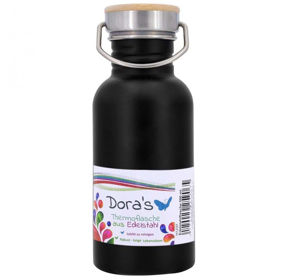 Dora's Trinkflasche Einwandige Retro Edelstahlflasche 500ml - Stahl, schwarz oder weiß von Dora's