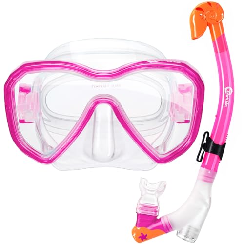 Dorlle Kinder Schnorchelset Tauchset Schnorchelmaske mit 3-Kanal Premium Dry Schnorchel und Anti-Leck Anti-Fog Taucherbrille Professionelle Schnorchel Set für Kinder,Rosa von Dorlle