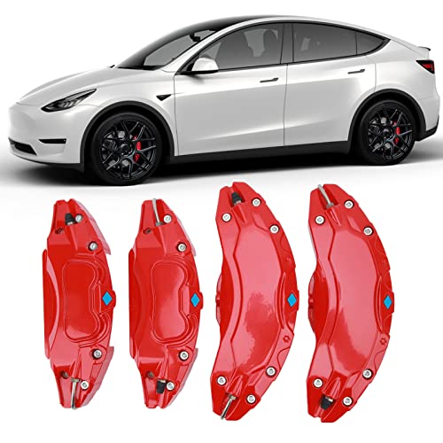 4 Stück Bremssattelabdeckungen Kompatibel mit Tesla Model Y, 19 Zoll 20 Zoll Radnabengröße Bremssattelabdeckungen, Aluminiumlegierung Modell 3 Bremssattelabdeckungen, 4er-Set für (Rot) von Dpofirs
