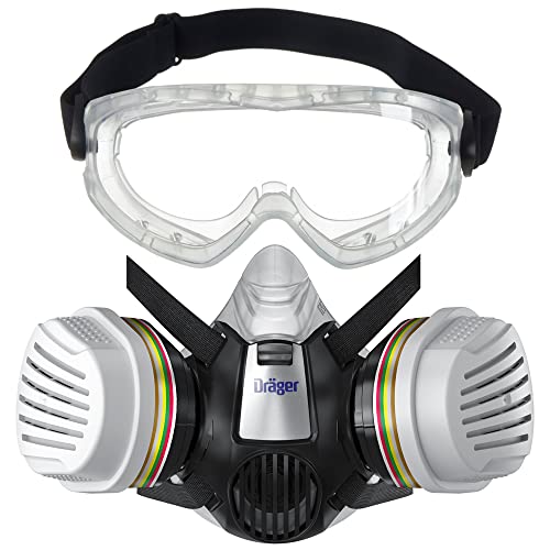 Dräger X-plore 3300 Halbmasken-Set für Chemiearbeiten mit Vollsichtschutzbrille X-pect 4400 & ABEK1 Hg P3-Kombifilter | Schutz vor Dämpfen, Gase, Partikel & Staub von Dräger
