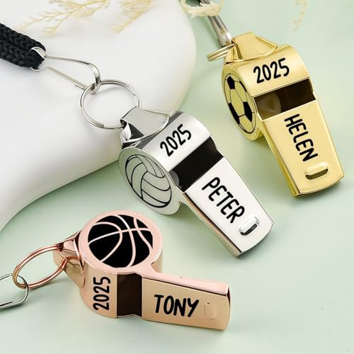 Drawelry Personalisierte Pfeifen für Schiedsrichter Trainer mit Namen Buchstaben Ballsymbol Gravur Trillerpfeife Sport Edelstahl Pfeifen Dankeschön Geschenk für Trainer, Athlet, Lehrer (A1) von Drawelry