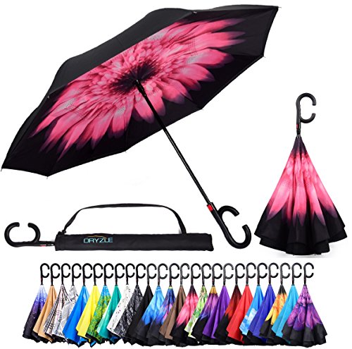 Dryzle Automatisch öffnender, umgekehrter faltbarer Regenschirm, UV- und winddicht, für Damen und Herren, großer C-förmiger Hakengriff für festen Halt von Dryzle