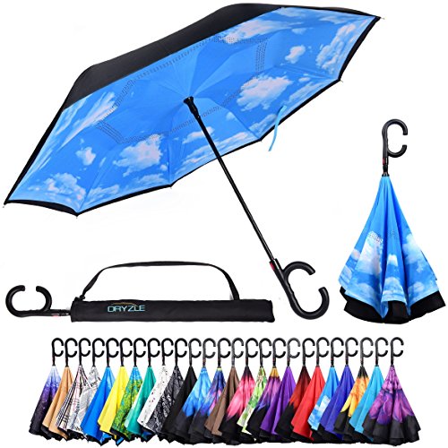 Dryzle Automatisch öffnender, umgekehrter faltbarer Regenschirm, UV- und winddicht, für Damen und Herren, großer C-förmiger Hakengriff für festen Halt von Dryzle