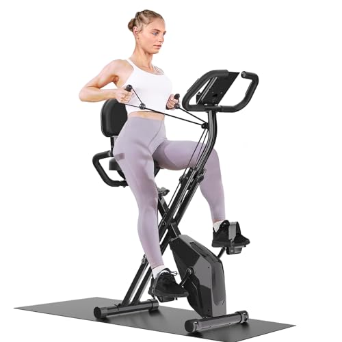 Dskeuzeew Heimtrainer Fahrrad Klappbar für Zuhause, 4-in-1 faltbarer Heimtrainer mit 8 Stufen verstellbarem Magnetwiderstand und Spannseil, klappbarer Heimtrainer, LCD-Display, Handpulssensoren von Dskeuzeew