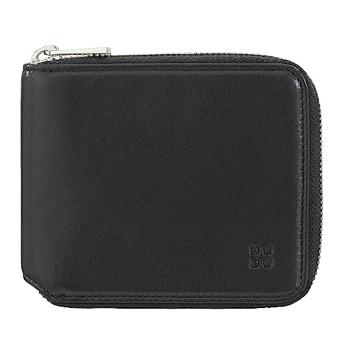 DUDU Herren-Brieftasche RFID, aus weichem Leder mit kleinem außenliegendem Reißverschluss und 6 Kreditkartenfächern. Schwarz von DuDu