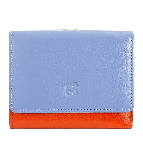 DUDU Kleine Damen-Brieftasche aus Leder mit RFID-Schutz, Münzfach und Klickverschluss, kompakt, 6 Kartenfächer Pastellblau von DuDu