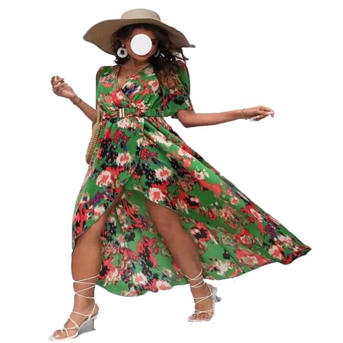 Dulanu Damen Sommer Wrap Maxi Kleid V Hals Kurzarm Boho Floral Maxi Shirt Flowy Swing Midi Kleid Für Strandurlaub,Green,M(Bust:97cm) von Dulanu