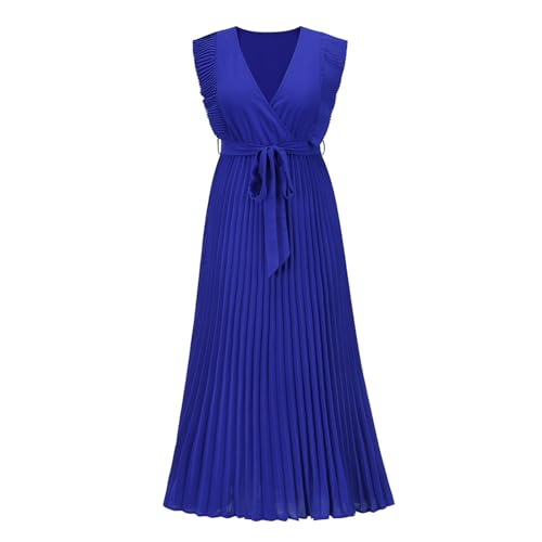 Dulanu Damen ärmelloses mittellanges Kleid V-Ausschnitt Maxi-Shirt Flauschige Krawatte A-Linien-Rock Sommerkleid Plissiertes Maxikleid für den täglichen Gebrauch,Blue,XL(104 von Dulanu