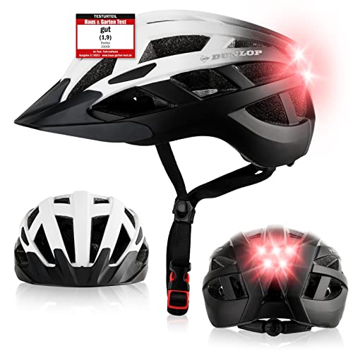 Dunlop Sports Fahrradhelm mit Licht - Sofort gesehen Werden - Ultraleichter Spezial Damen Herren Kinder Fahrrad Helm Visier und Rücklicht für hohe Sicherheit - Urban (Weiß/Schwarz, L (58-62 cm)) von Dunlop Sports