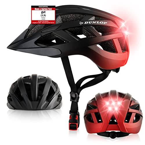 Dunlop Sports Fahrradhelm mit Licht-Sofort gesehen Werden-Ultraleichter Spezial Damen Herren Kinder Fahrrad Helm mit Visier und Rücklicht für hohe Sicherheit-Urban Helm (Schwarz/Rot, M (55-59 cm)) von Dunlop Sports