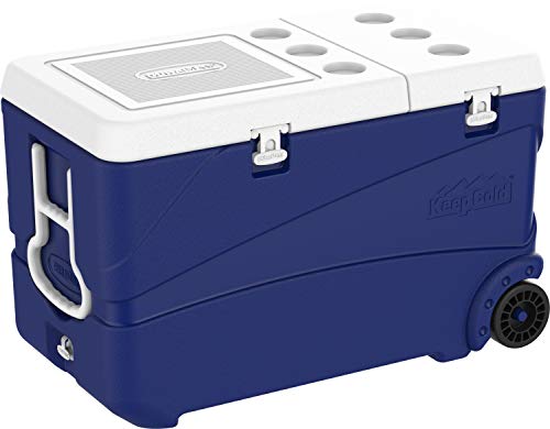Duramax Deluxe Kühlbox 102L Hochleistungs-Kühlbox mit PU-Isolierung, Kühlbox mit ergonomischen Griffen und Rädern für einfache Mobilität und Handhabung, Becherhalter am Deckel, Kühlbox, Blau von Duramax