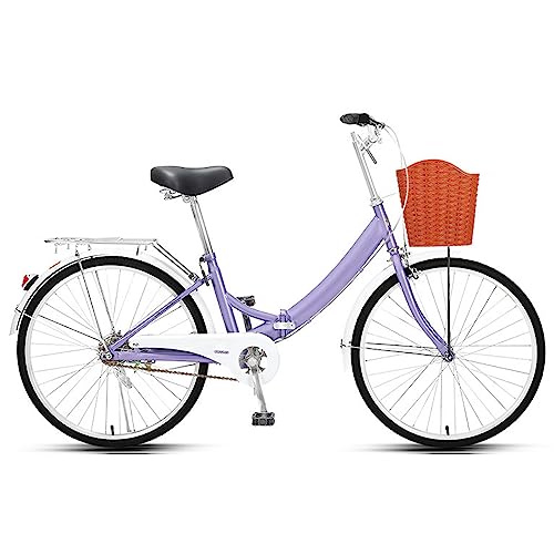 Dxcaicc Klappbares Fahrrad, 24-Zoll Stadtfahrrad mit hochwertigem Kohlenstoffstahlrahmen, Höhenverstellbares klappbares Fahrrad mit Korb,Lila von Dxcaicc