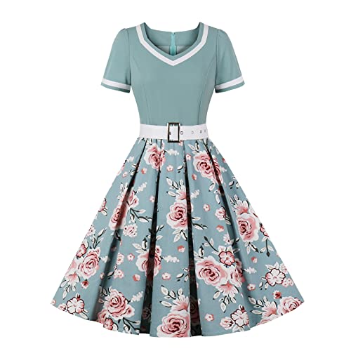 Dyhxuan 50er Rockabilly Petticoat Kleid Damen Blumen Druck Ballkleid Hohe Taille Cocktailkleid mit Gürtel Kurzarm V-Ausschnitt Abendkleid A-Linien Swing Partykleid Stitching Abiballkleid Midikleid von Dyhxuan