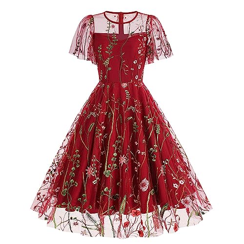 Dyhxuan 50er Rockabilly Petticoat Kleid Damen Hepburn Tüll Abendkleid Stickerei Blumen Druck Ballkleid Kurzarm Rundhals Partykleid Hohe Taille Abiballkleid A-Linie Brautjungfern Kleider Swing Kleid von Dyhxuan