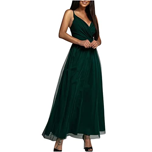 Dyhxuan Abendkleid Lang Damen Elegant Tüll Ballkleid Sexy Ärmellos Spaghetti Cocktailkleid Einafrbige Partykleid Hohe Taille Tüllkleid V-Ausschnitt Hochzeitskleid Abiballkleid Knöchellang Maxikleid von Dyhxuan