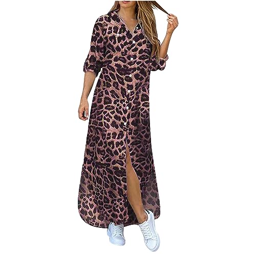 Dyhxuan Blusenkleid Damen Mode Leopardenmuster Maxikleid Langarm Umlegekragen Sommerkleid Plus Size Hemdkleid mit Knöpfe Locker Urlaubskleid Unregelmäßig Freizeitkleid Knöchellang T-Shirtkleid von Dyhxuan