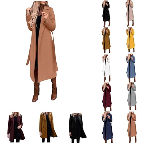 Dyhxuan Langer Trenchcoat mit Gürtel Damen Mantel Eleganter Windbreaker Frühlingsjacke Winterjacke Umlegekragen übergangsjacke Klassische Winddichter Wollmantel Lang Warm Bomberjacke Windjacke von Dyhxuan