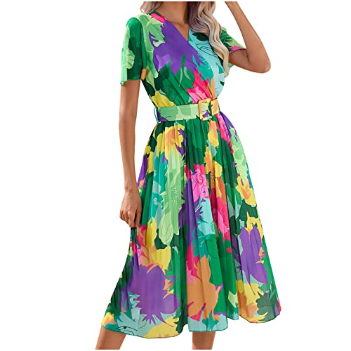 Dyhxuan Plisseekleid Damen Kleider Lässig Blumen Druck Sommerkleid Klappbar A-Linie Kleid Kurzarm V-Ausschnitt Midikleid Gürtel Partykleid Tunikakleid Urlaubskleid Strandkleid Freizeitkleid von Dyhxuan