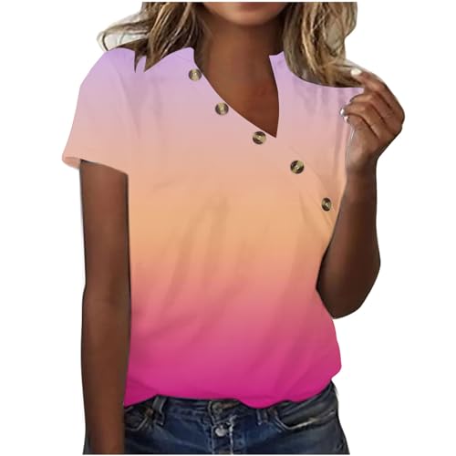 Dyhxuan Shirt Damen Diagonaler Kragen Bluse mit Knöpfe Personalisierte Sommer T Shirt Farbverlaufsdruck Tops Kurzarm Oberteile mit V-Ausschnitt Große Größen Pullover Sommerlich Pullover S-5XL von Dyhxuan
