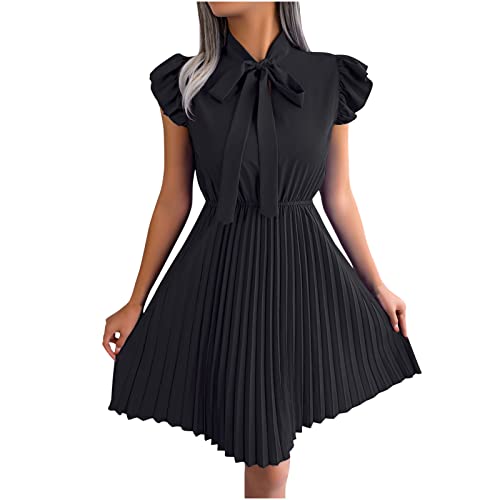 Dyhxuan Sommerkleid Damen Elegant Einfarbige Plisseekleid Rüschen Partykleid mit Rollkragen Ärmellos Bogen A-Linie Kleider Urlaubskleid mit zurückgezogener Taille Knielang Freizeitkleid Skaterkleid von Dyhxuan