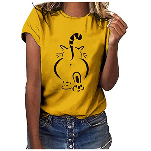 Dyhxuan T Shirt Damen Einfaches Katzendruck Oberteile Kurzarm Bluse mit Rundhals Sommer T-Shirt Große Größen Locker Tshirt All-Match Tops für Frauen Streetwear Sommerbluse Freizeit Tunika S-3XL von Dyhxuan