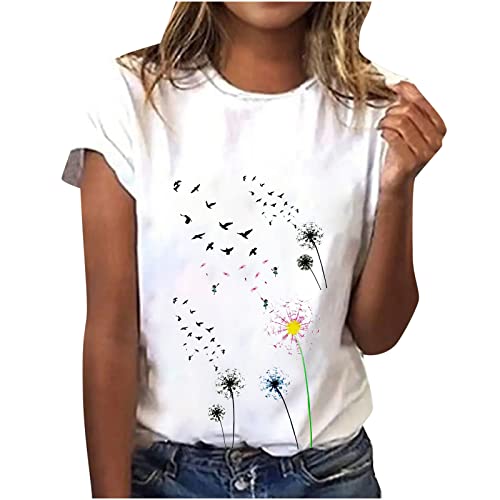 Dyhxuan Tshirt Damen Sommer Tops Einfaches Blumendruck T-Shirt Sommerlich Kurzarm Oberteile mit O-Ausschnitt Herbst Winter Basic Shirt Pullover Lockere Bequeme Tunika Bluse Shirt Sportshirt Laufshirt von Dyhxuan