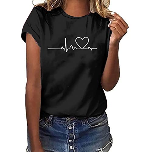 Dyhxuan Tshirt Damen Sommer Tops Einfaches Blumendruck T-Shirt Sommerlich Kurzarm Oberteile mit O-Ausschnitt Herbst Winter Basic Shirt Pullover Lockere Bequeme Tunika Bluse Shirt Sportshirt Laufshirt von Dyhxuan