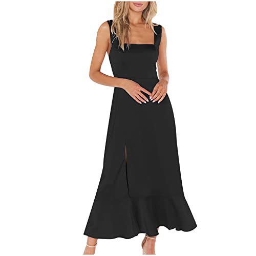 Sommerkleid Damen Lang Einfarbige Trägerkleid Mode Ärmellos Maxikleid Swing A-Linien Kleider Freizeitkleid mit Schlitz Knöchellang Urlaubskleid mit Gürtel Partykleid Strandkleid Skaterkleid von Dyhxuan