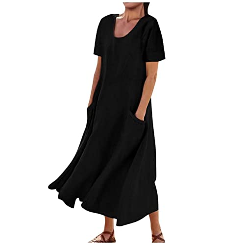 Sommerkleid Damen Lang Leinen Kleider Baumwolle Leinen Sommerkleider Leinen Einfarbige Blusenkleid Baumwolle Leinen A-Linien Kleid Kurzarm Rundhals Leinen Strandkleid Maxikleid mit Taschen von Dyhxuan