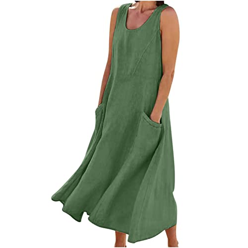 Sommerkleid Damen Lang Leinen Kleider Baumwolle Leinen Sommerkleider Leinen Einfarbige Blusenkleid Baumwolle Leinen A-Linien Kleid Kurzarm Rundhals Leinen Strandkleid Maxikleid mit Taschen von Dyhxuan