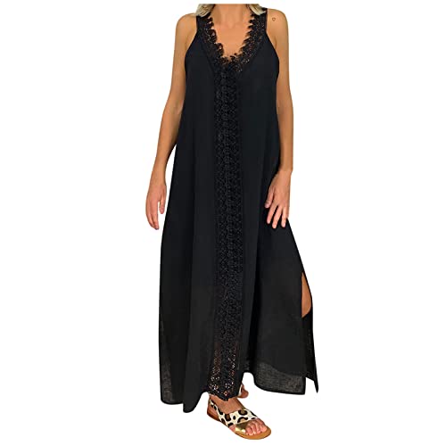 Sommerkleid Damen Sexy Spitze Patchwork Maxikleid V-Ausschnitt Einfarbige Lang Kleider Boho Ärmellos Strandkleid Freizeitkleid mit Schlitz Knöchellang A-Linien Kleid Partykleid Urlaubskleid 10XL von Dyhxuan