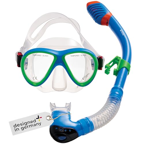 DYNAMICNORD - Kinder Schnorchelset – Designed in Germany – Profi Silikon 2er Set Tauchset Schnorchelset für Kinder (Taucherbrille, Trocken Schnorchel & Netztasche) mit Dry Schnorchel & Sicherheitsglas von DynamicNord