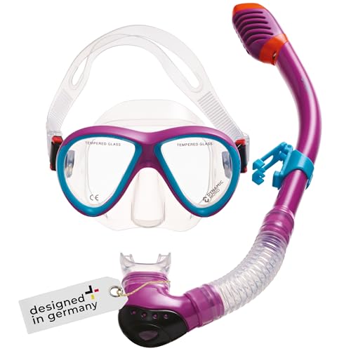 DYNAMICNORD - Kinder Schnorchelset – Designed in Germany – Profi Silikon 2er Set Tauchset Schnorchelset für Kinder (Taucherbrille, Trocken Schnorchel & Netztasche) mit Dry Schnorchel & Sicherheitsglas von DynamicNord