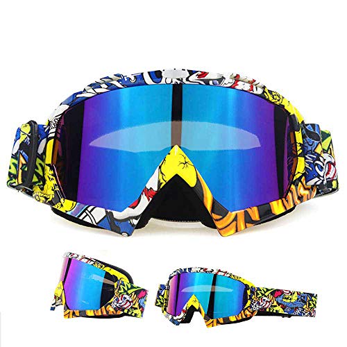 E-Soul Motorrad Goggle Motocross Wind Staubschutz Fliegerbrille Snowboardbrille Schneebrille Skibrille Wintersport Brille Für Damen Und Herren Jungen Und Mädchen (White-Yellow-Blue Multicolor) von E-Soul