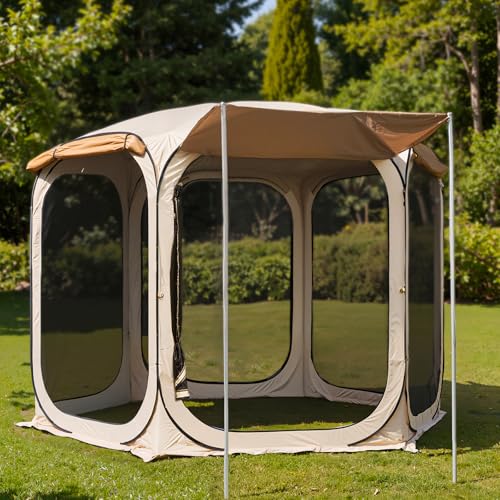 East Oak Pop-Up-Zelt mit Netz, 3,6 x 3,6 m, Outdoor-Sichtschutzhaus mit 4 Sonnenschirmen, sofortiger Überdachung mit tragbarer Tragetasche, Pavillon-Zelt für Camping, Terrasse und Strand, Beige von EAST OAK
