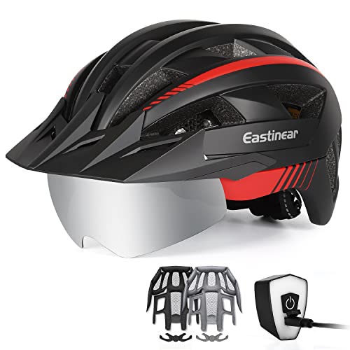 EASTINEAR Fahrradhelm LED Rücklicht Wiederaufladbarem Mountainbike Helm für Erwachsene Herren Damen Ultraleicht Fahrradhelm mit Visier (XL: 59-63cm, BlackRed) von EASTINEAR