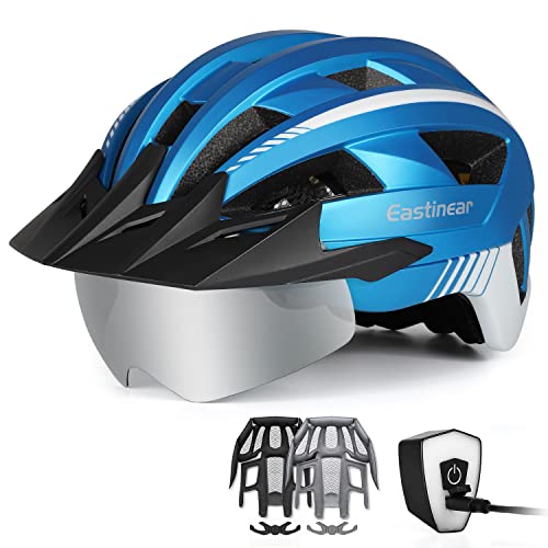 EASTINEAR Fahrradhelm LED Rücklicht Wiederaufladbarem Mountainbike Helm für Erwachsene Herren Damen Ultraleicht Fahrradhelm mit Visier (XL: 59-63cm, MetalBlue) von EASTINEAR
