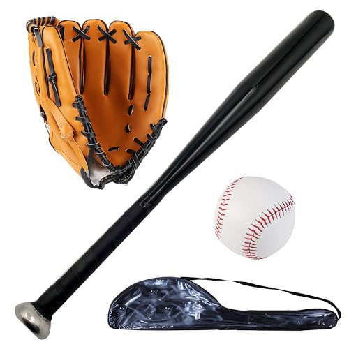25 Zoll/63 cm Aluminium Baseball Bat Set mit Handschuh und Baseball für Softball, Schlagtraining, Pickup -Spiele (Schwarz,Länge 25 Zoll/63 cm) von EASY BIG