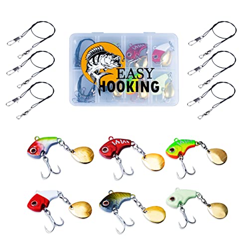 EasyHooking Jig Spinner Set 13-TLG - 6 Spin Jigs + 6 Stahlvorfächer mit Snap + Aufbewahrungsbox – optimal zum Raubfisch Barsch Hecht Zander Angeln Spinnerbait Bleikopfspinner Chatterbait (7g) von EASYHOOKING