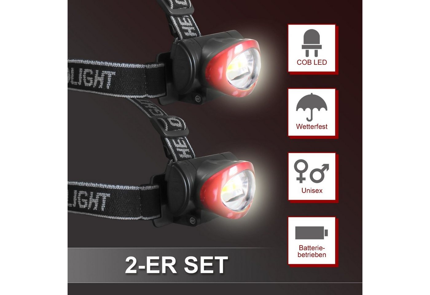 EAXUS LED Stirnlampe Kopflampe Dimmbar, Neigbar und Größenverstellbar (1er/2er Set, 2-St), Kopfleuchte Spritzwassergeschützt, flexibles Kopfband von EAXUS