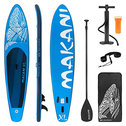 ECD Germany Aufblasbares Stand Up Paddle Board Makani XL 380 x 80 x 15 cm Blau | PVC | bis 150 kg | Pumpe Tragetasche Zubehör | SUP Board Paddling Board Paddelboard Surfboard | Verschiedene Modelle von ECD Germany