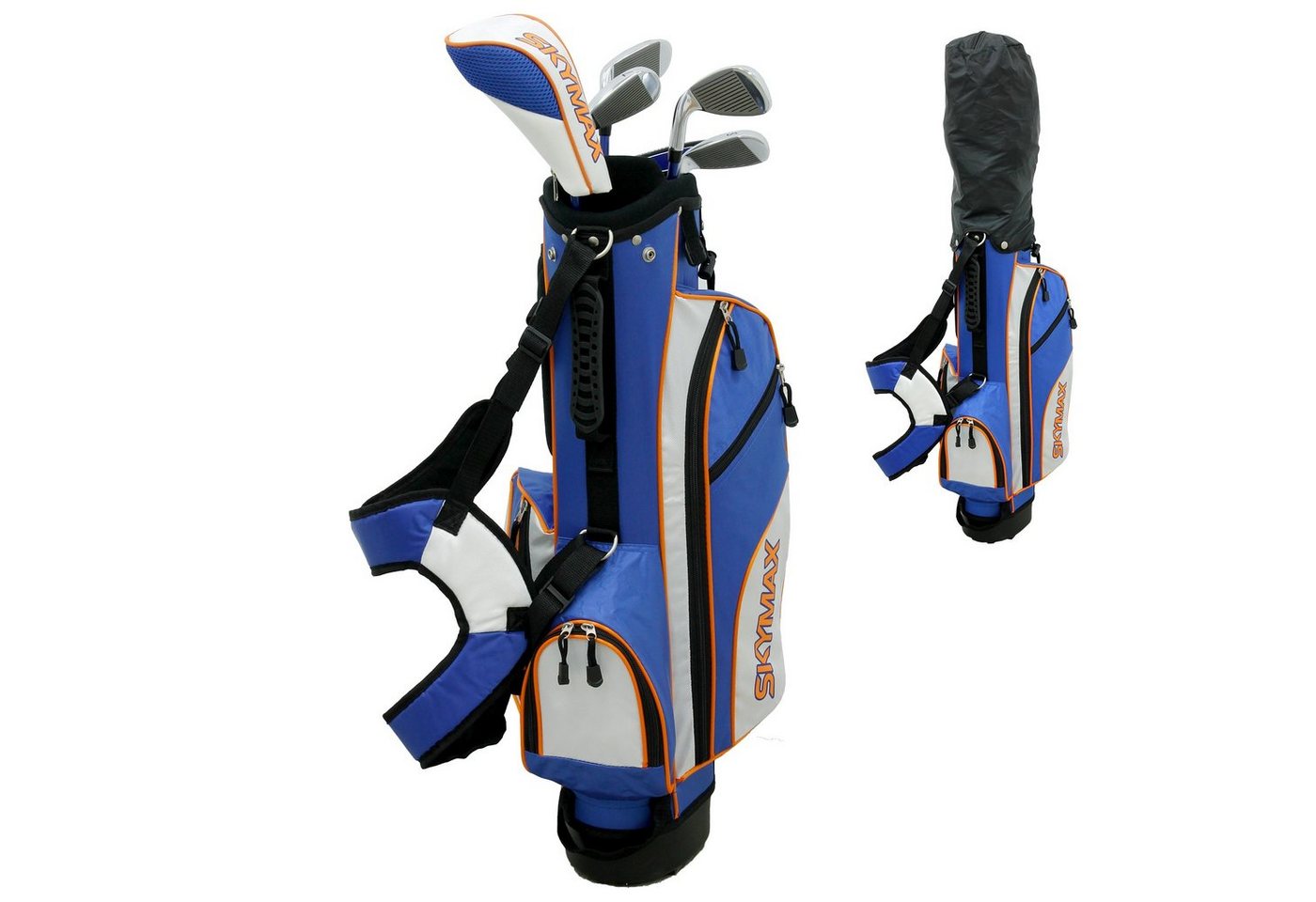ECD Germany Golftrolley Skymax Junior Set Golftasche Golf Caddybag Kinderset Golfbag Standbag, Für 6 Golfschlägern Blau-Weiß 6-9 RH mit 4 Fächern Regenschutzhülle von ECD Germany