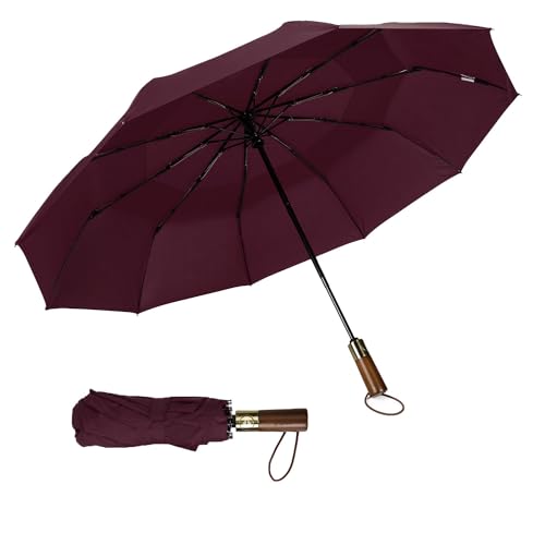ECOHUB Regenschirm Automatik Groß Sturmfest, Taschenschirm mit Belüftetes Doppel-Schirmdach & Holzgriff, Schirm Recycelter PET, Regenschirm für Herren Damen(Weinrot) von ECOHUB