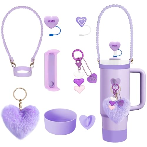ECZOIL Stanley Cup Zubehör,Stanley Cup Accessories,8PCS enthält Strohhalm Abdeckung,Bottom Protector Silicone Boot,Wasserflasche Griff Riemen,für Stanley Cup 40oz&30oz-Lila von ECZOIL