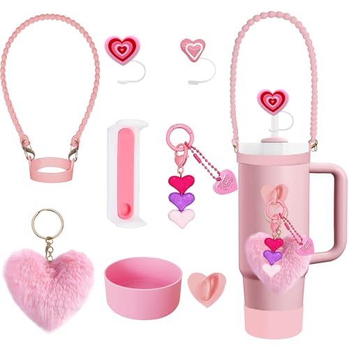 ECZOIL Stanley Cup Zubehör,Stanley Cup Accessories,8PCS enthält Strohhalm Abdeckung,Bottom Protector Silicone Boot,Wasserflasche Griff Riemen,für Stanley Cup 40oz&30oz-Rosa von ECZOIL