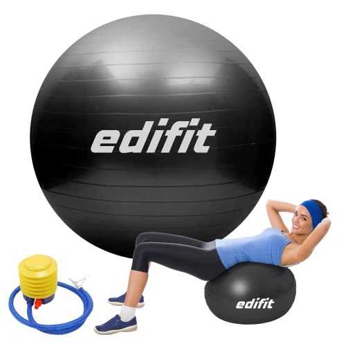 EDIFIT, Gymnastikball, 55, 65 und 75, Pezziball, Einschließlich Inflator, Pilates Ball, Sitzball, Pilates, Yoga Ball, Gymnastik (75 cm, Schwarz) von EDIFIT