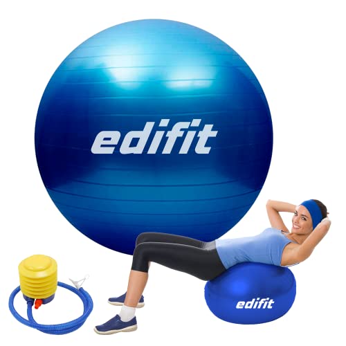 EDIFIT, Gymnastikball, 55, 65 und 75, Pezziball, Einschließlich Inflator, Pilates Ball, Sitzball, Pilates, Yoga Ball, Gymnastik (75 cm, Blau) von EDIFIT
